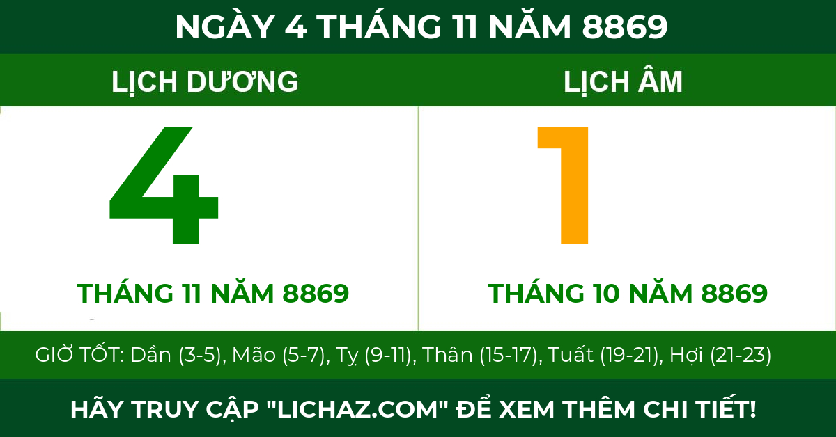 lịch âm ngày 4 tháng 11 năm 8869