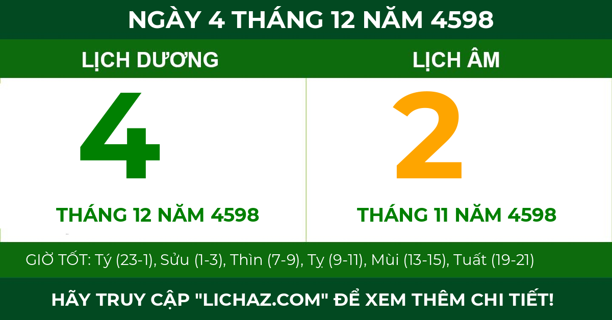 lịch âm ngày 4 tháng 12 năm 4598