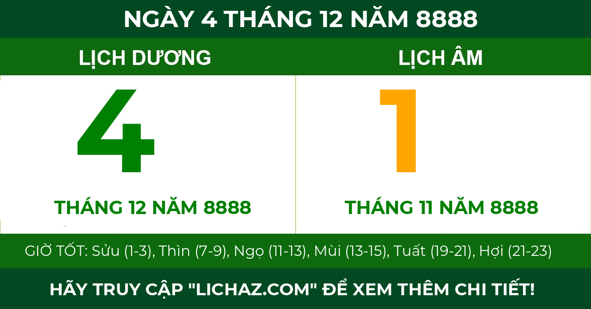 lịch âm ngày 4 tháng 12 năm 8888