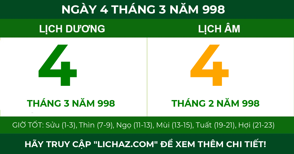 lịch âm ngày 4 tháng 3 năm 998