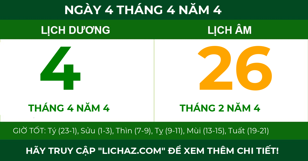 lịch âm ngày 4 tháng 4 năm 4