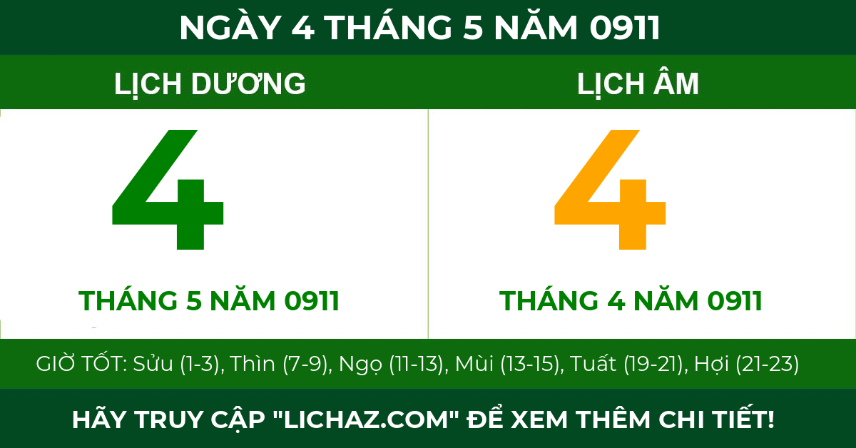 lịch âm ngày 4 tháng 5 năm 0911