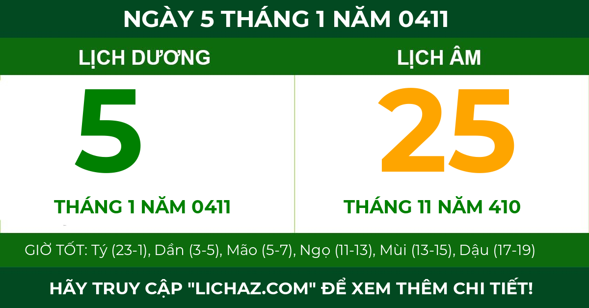 lịch âm ngày 5 tháng 1 năm 0411