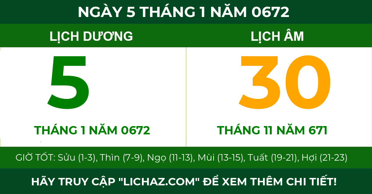 lịch âm ngày 5 tháng 1 năm 0672