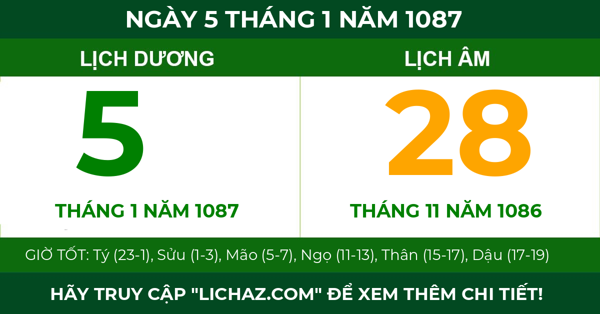 lịch âm ngày 5 tháng 1 năm 1087
