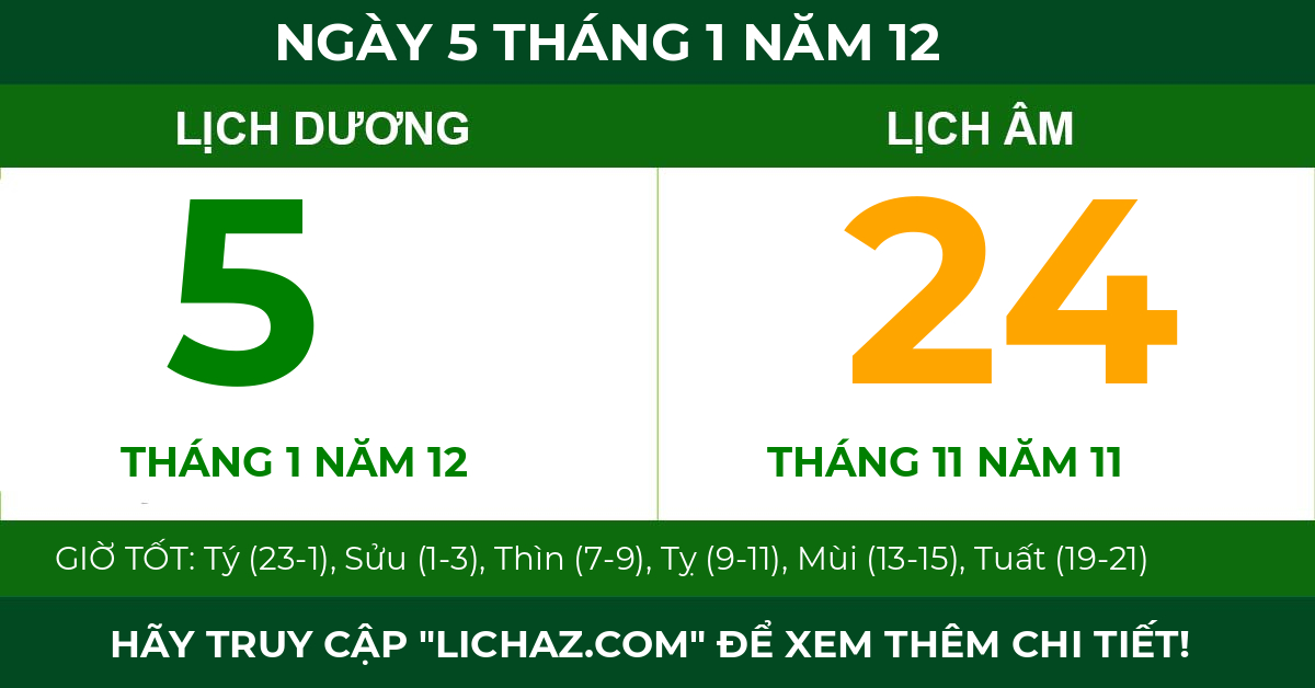 lịch âm ngày 5 tháng 1 năm 12