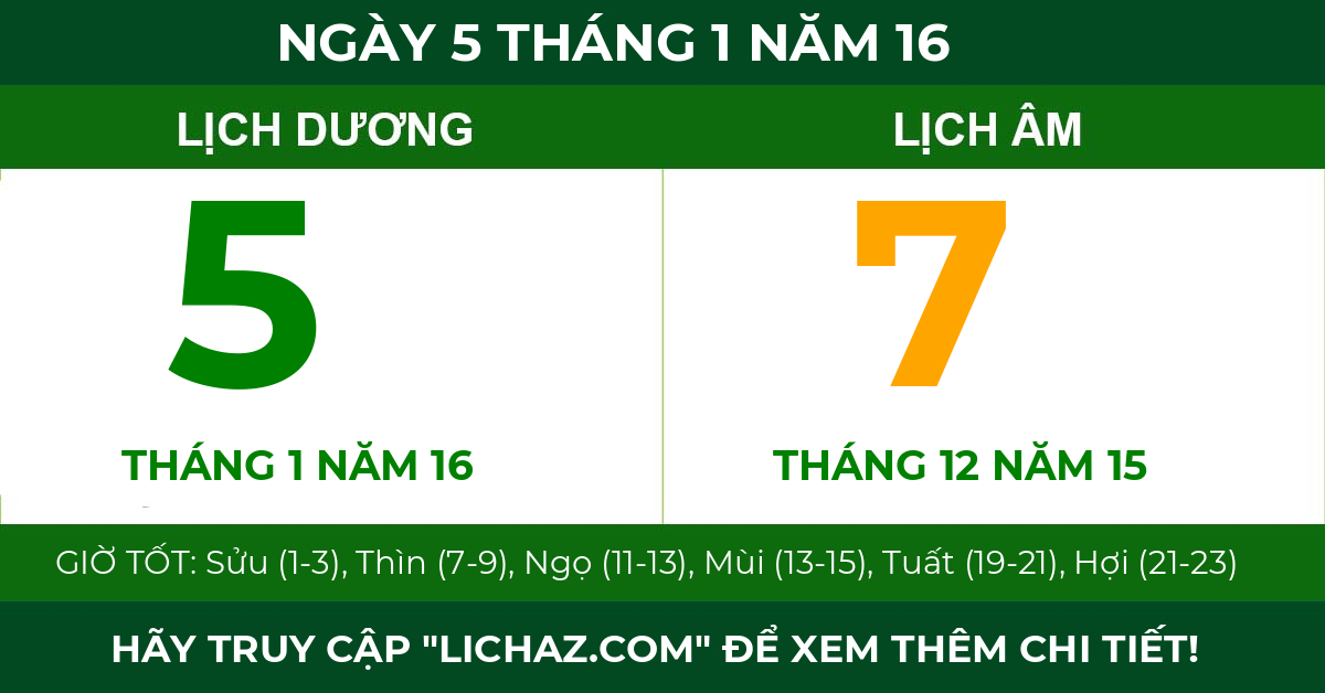 lịch âm ngày 5 tháng 1 năm 16