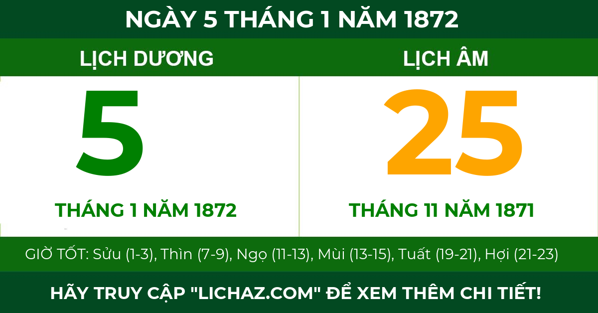 lịch âm ngày 5 tháng 1 năm 1872