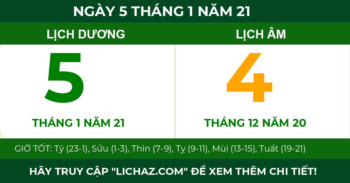 lịch âm ngày 5 tháng 1 năm 21