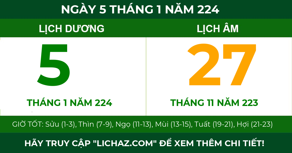 lịch âm ngày 5 tháng 1 năm 224