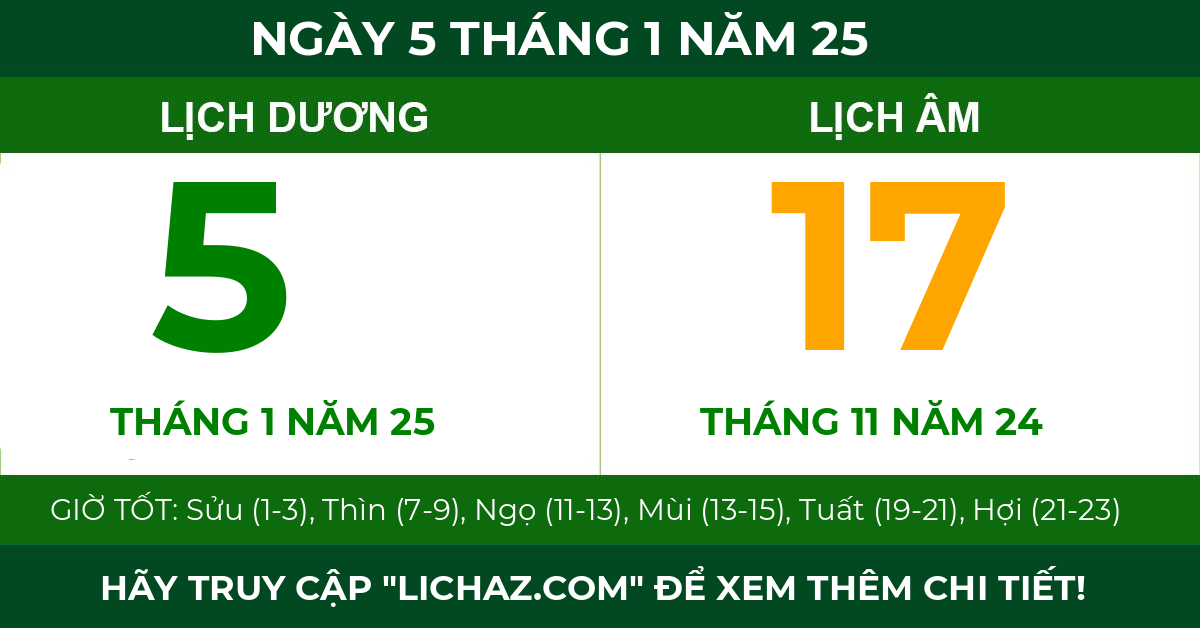lịch âm ngày 5 tháng 1 năm 25