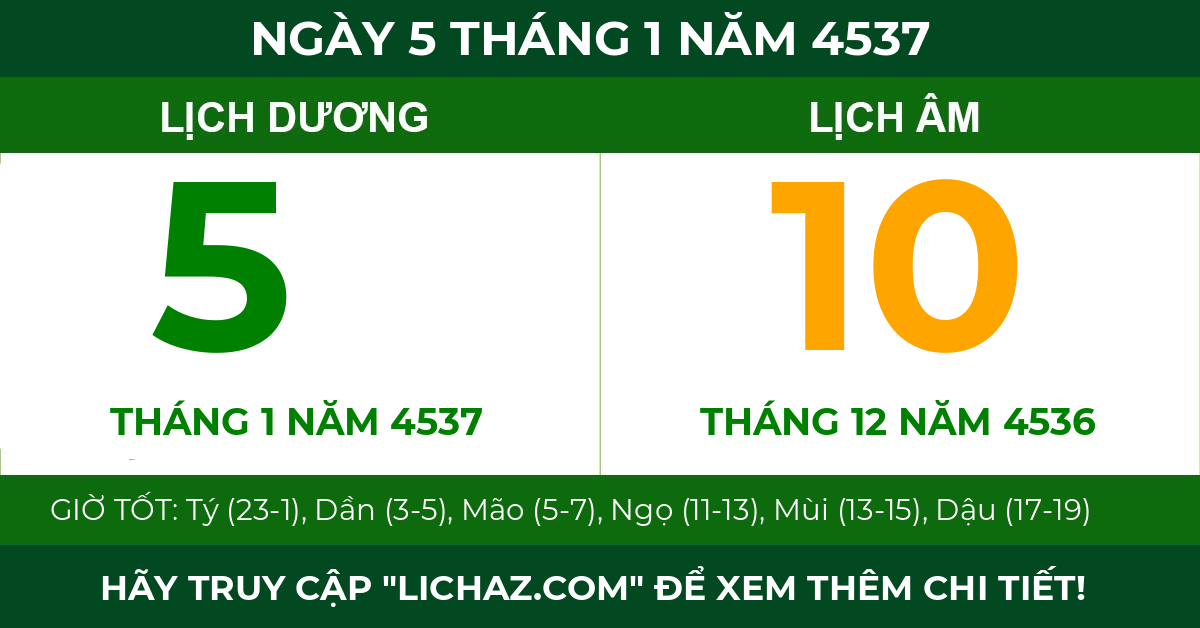 lịch âm ngày 5 tháng 1 năm 4537