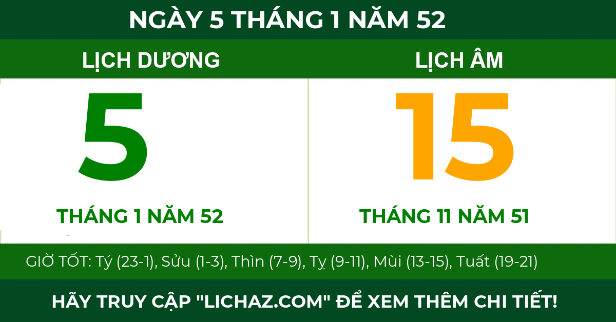 lịch âm ngày 5 tháng 1 năm 52