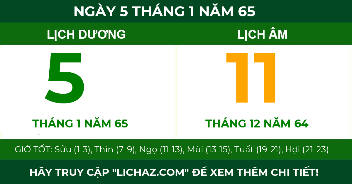 lịch âm ngày 5 tháng 1 năm 65