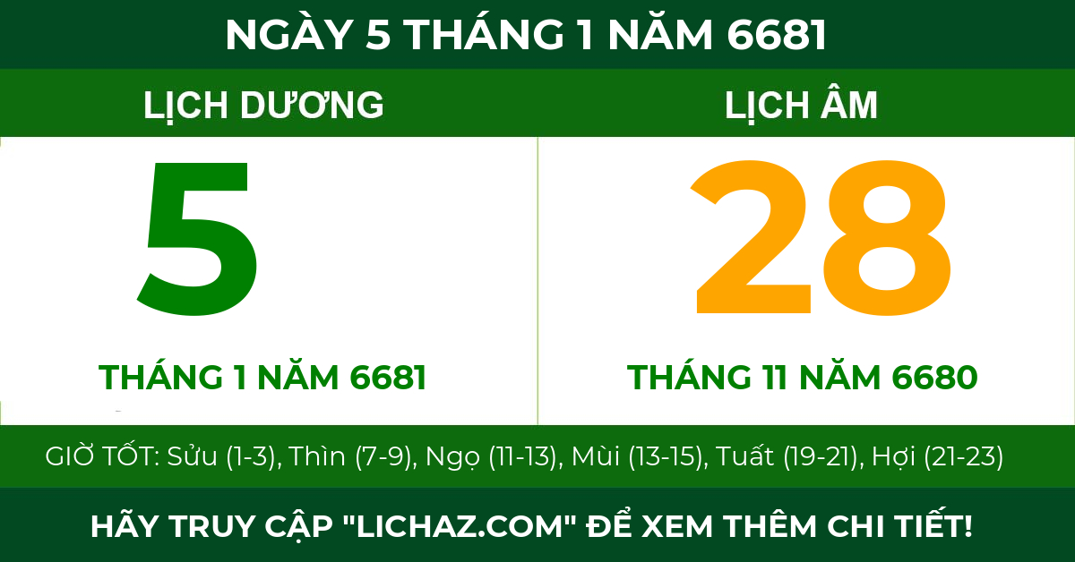 lịch âm ngày 5 tháng 1 năm 6681