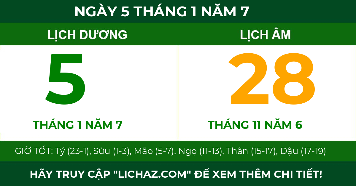 lịch âm ngày 5 tháng 1 năm 7