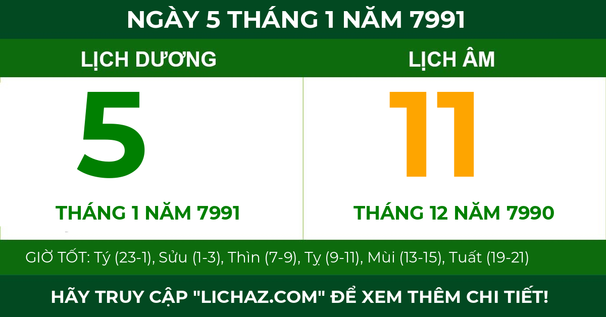 lịch âm ngày 5 tháng 1 năm 7991