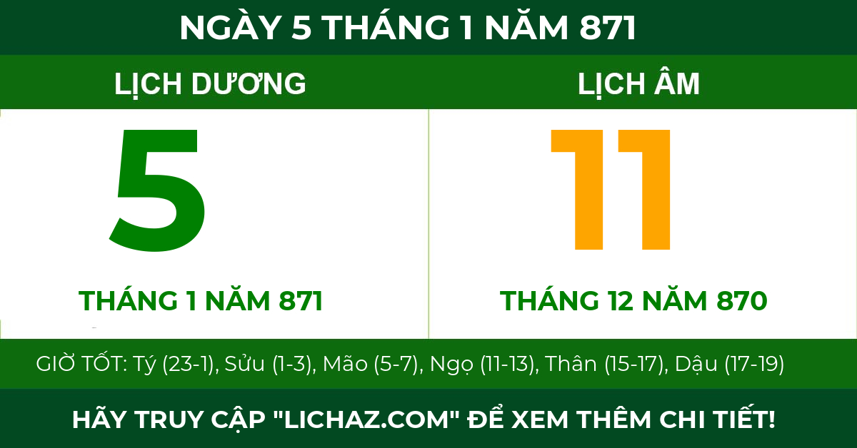 lịch âm ngày 5 tháng 1 năm 871