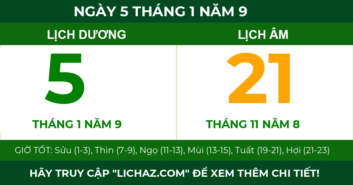 lịch âm ngày 5 tháng 1 năm 9