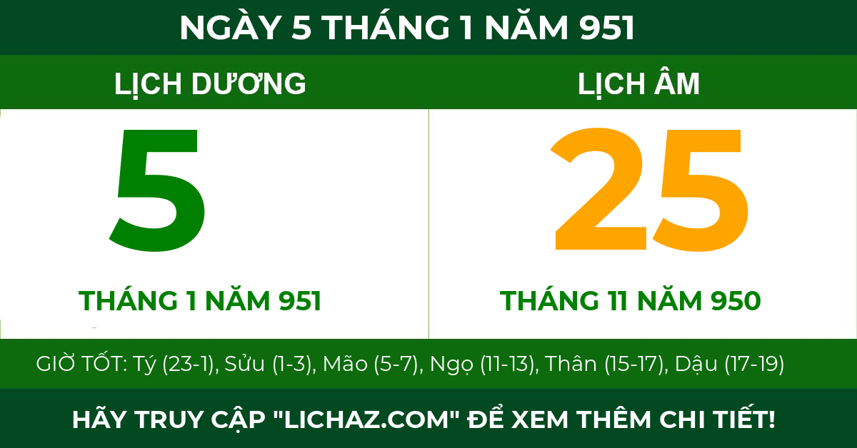 lịch âm ngày 5 tháng 1 năm 951