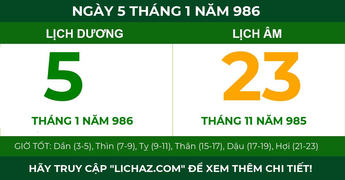 lịch âm ngày 5 tháng 1 năm 986