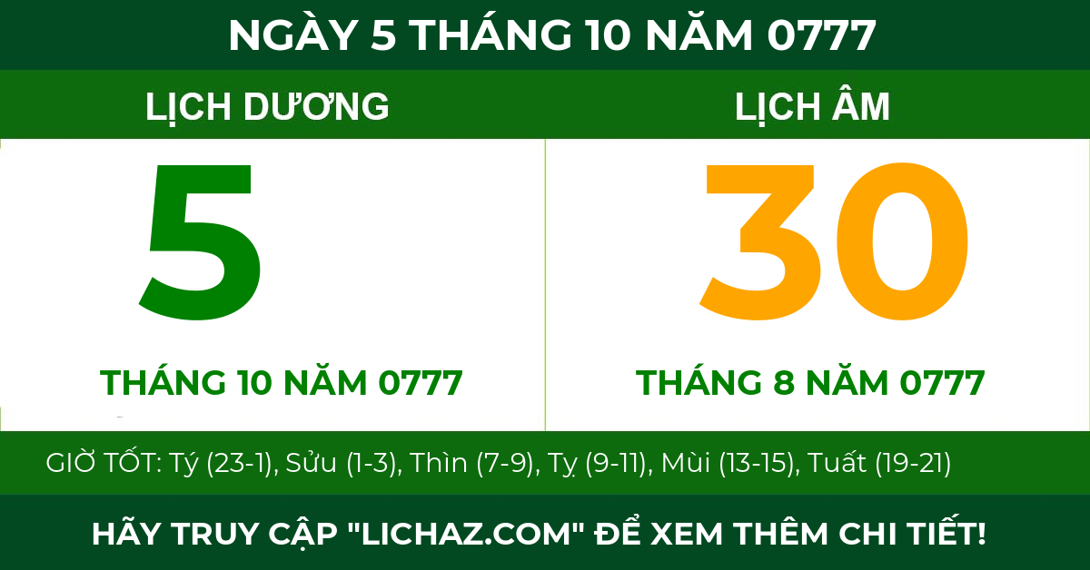 lịch âm ngày 5 tháng 10 năm 0777