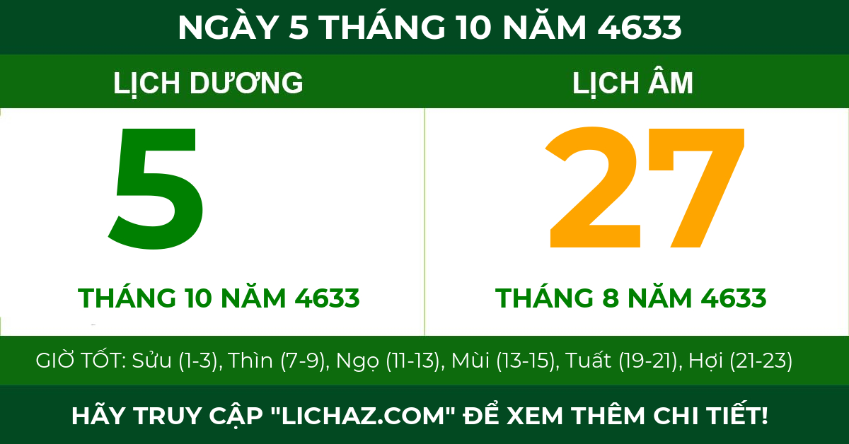 lịch âm ngày 5 tháng 10 năm 4633