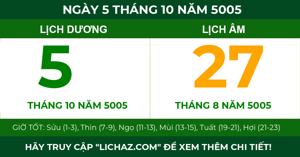 lịch âm ngày 5 tháng 10 năm 5005