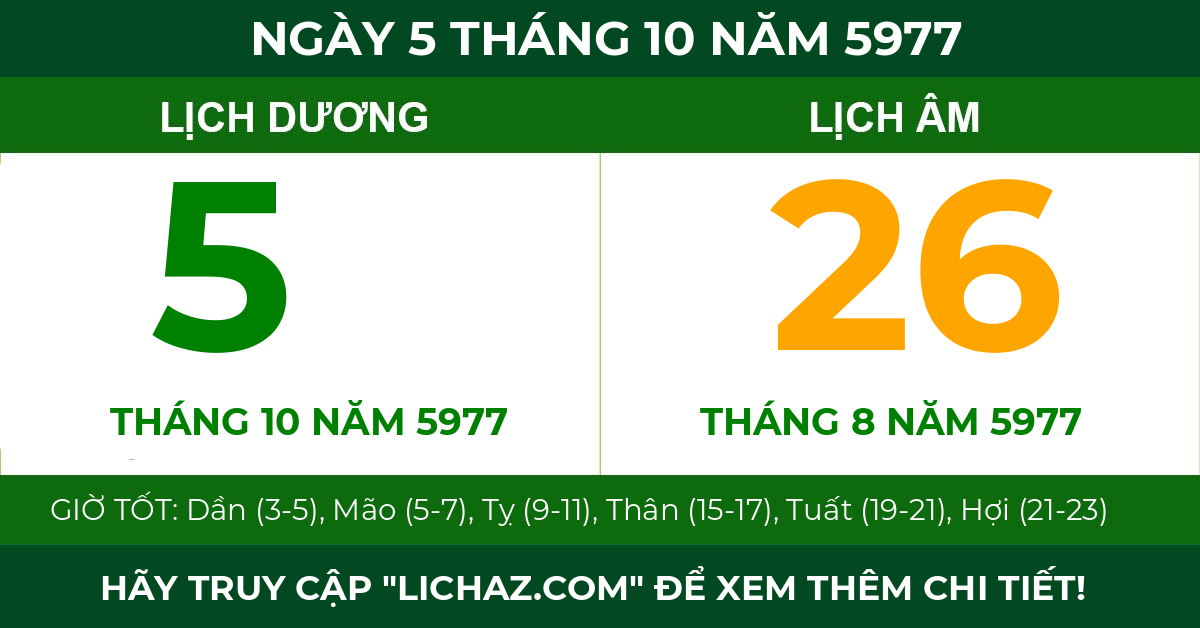 lịch âm ngày 5 tháng 10 năm 5977
