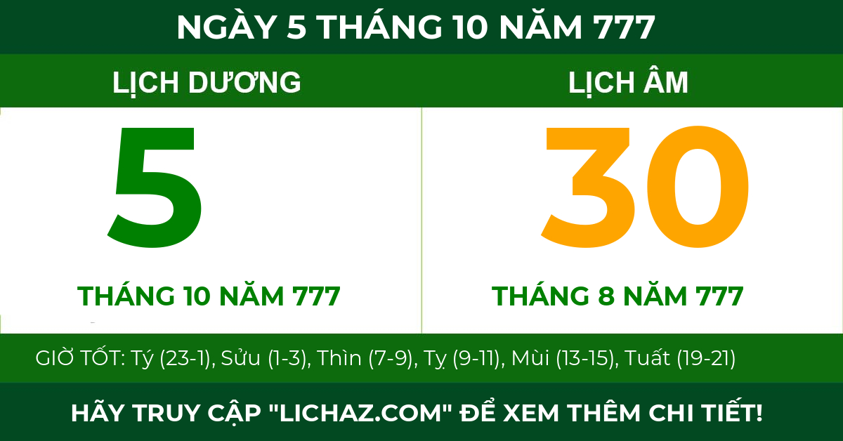 lịch âm ngày 5 tháng 10 năm 777