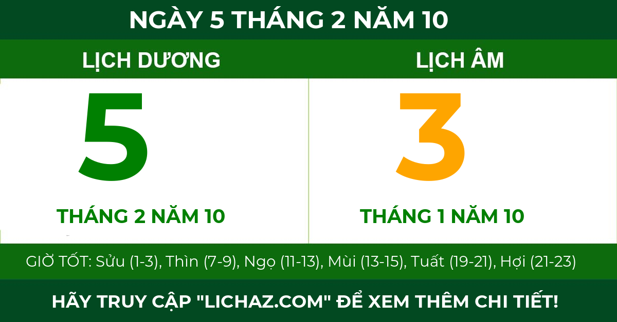 lịch âm ngày 5 tháng 2 năm 10