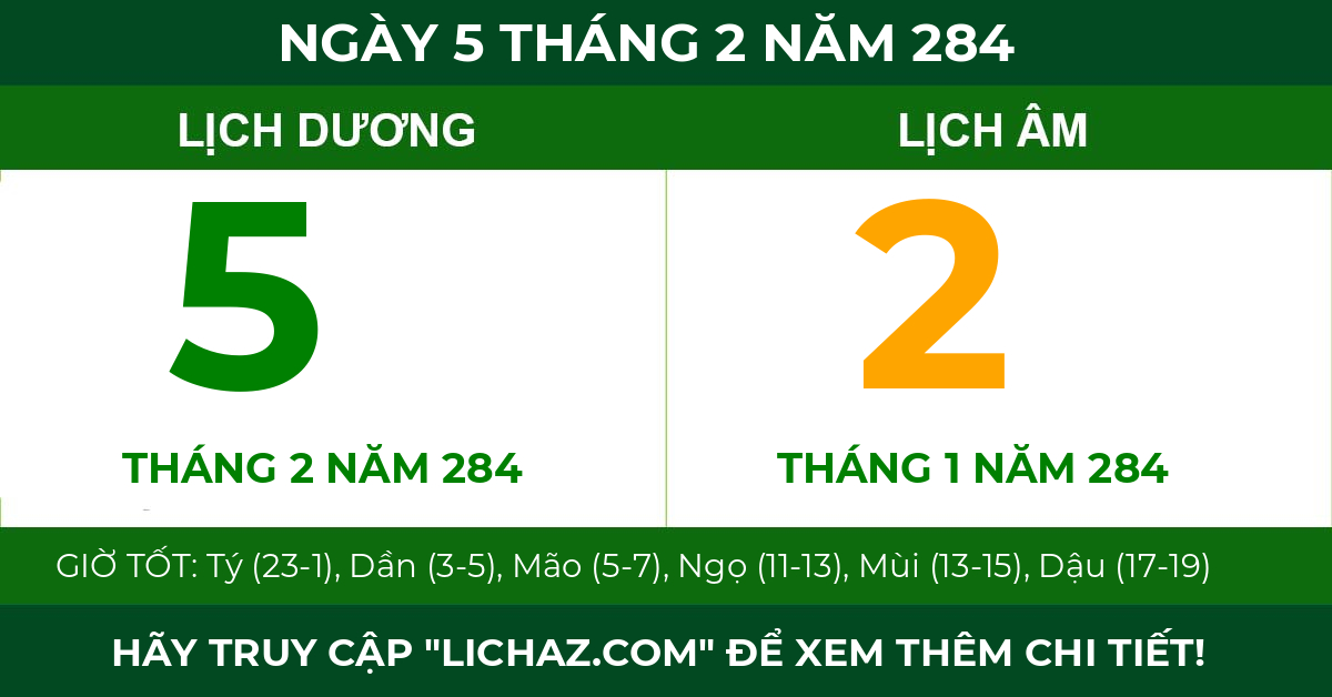 lịch âm ngày 5 tháng 2 năm 284