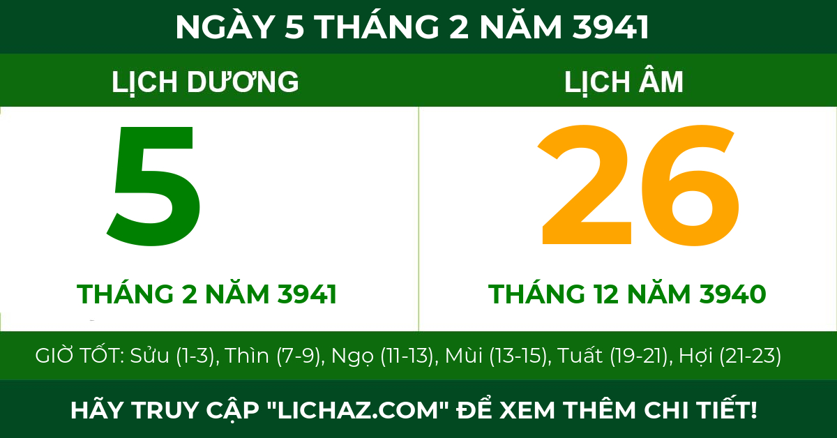 lịch âm ngày 5 tháng 2 năm 3941