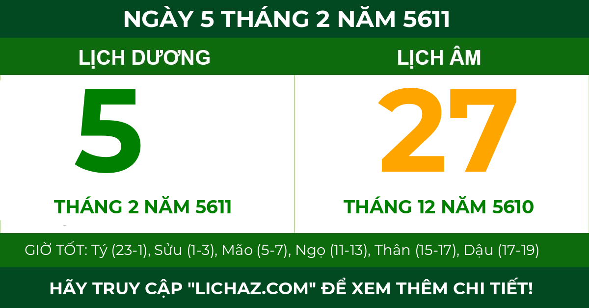 lịch âm ngày 5 tháng 2 năm 5611