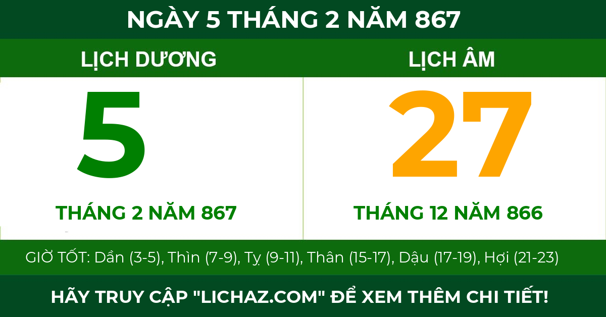 lịch âm ngày 5 tháng 2 năm 867