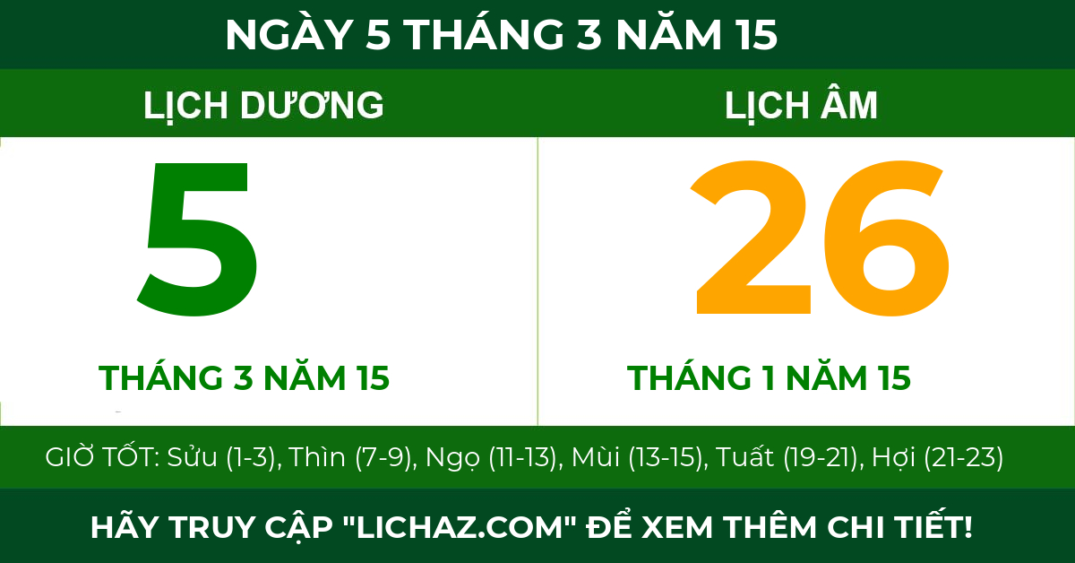 lịch âm ngày 5 tháng 3 năm 15