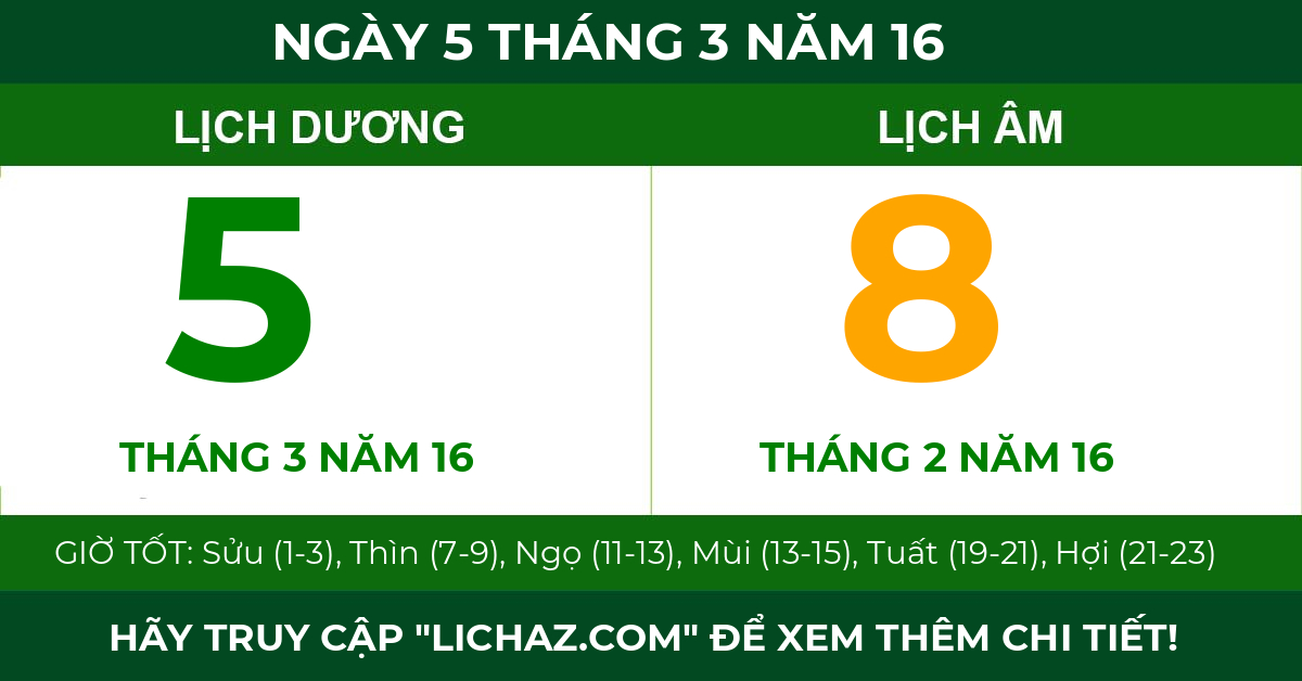 lịch âm ngày 5 tháng 3 năm 16