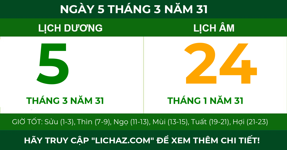 lịch âm ngày 5 tháng 3 năm 31