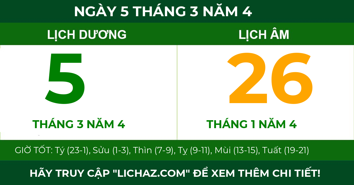 lịch âm ngày 5 tháng 3 năm 4