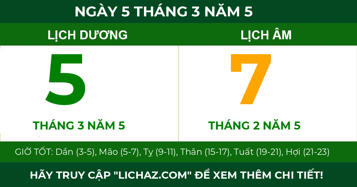 lịch âm ngày 5 tháng 3 năm 5