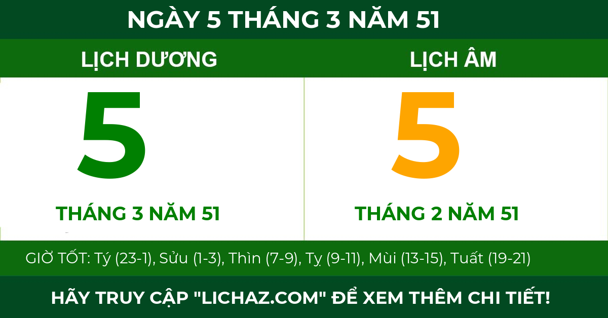 lịch âm ngày 5 tháng 3 năm 51