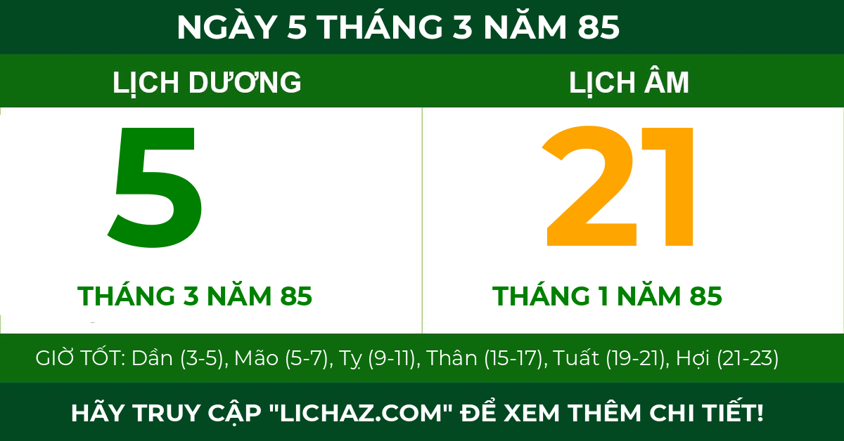 lịch âm ngày 5 tháng 3 năm 85