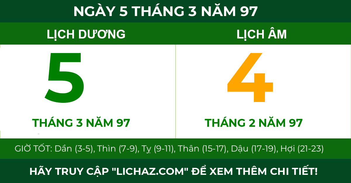 lịch âm ngày 5 tháng 3 năm 97