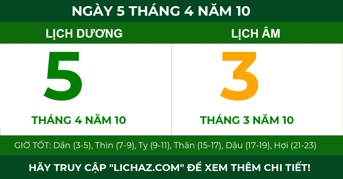 lịch âm ngày 5 tháng 4 năm 10