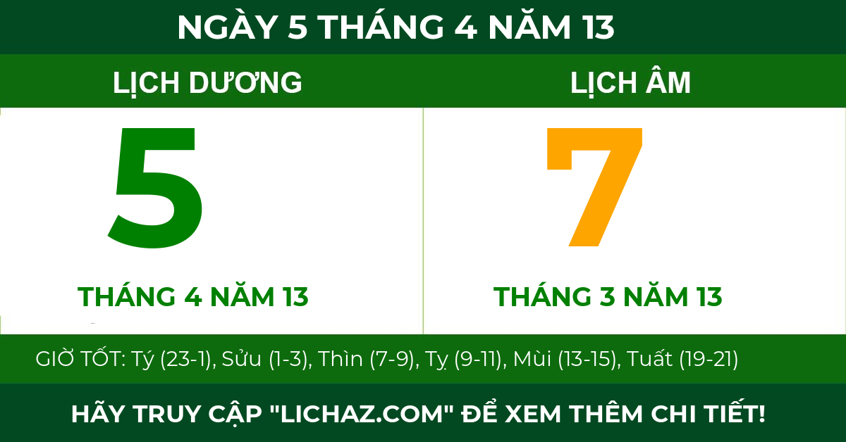 lịch âm ngày 5 tháng 4 năm 13