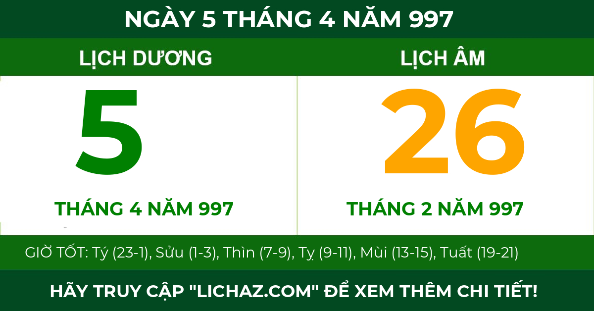 lịch âm ngày 5 tháng 4 năm 997