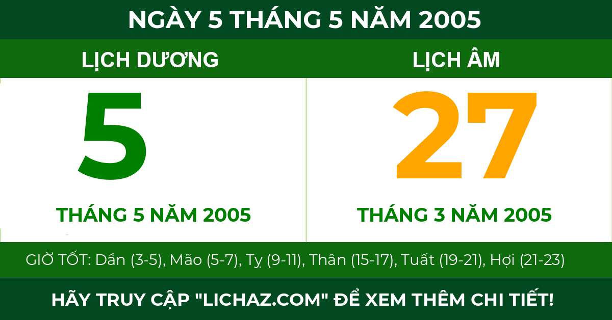 lịch âm ngày 5 tháng 5 năm 2005