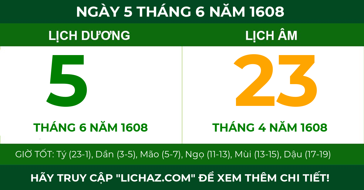 lịch âm ngày 5 tháng 6 năm 1608