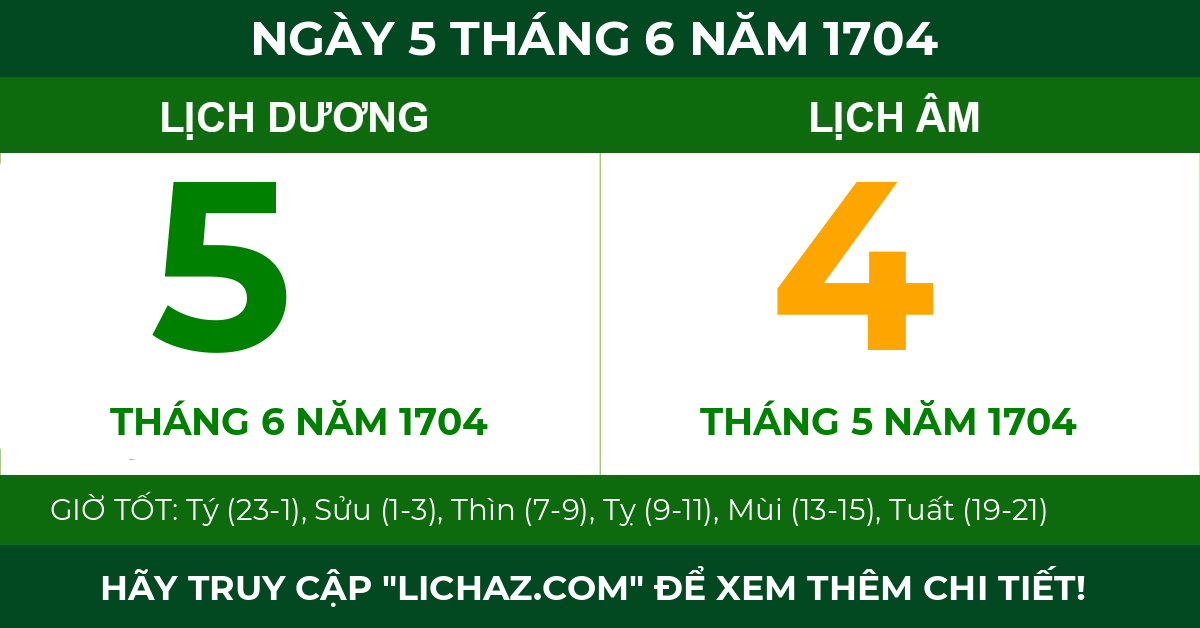 lịch âm ngày 5 tháng 6 năm 1704