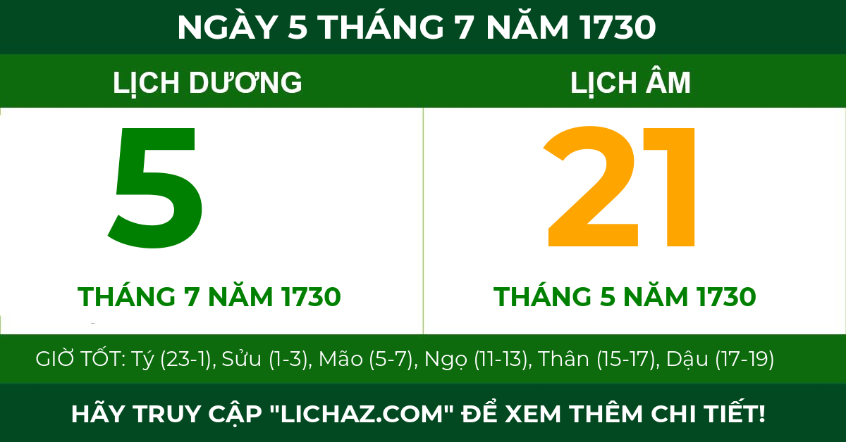 lịch âm ngày 5 tháng 7 năm 1730